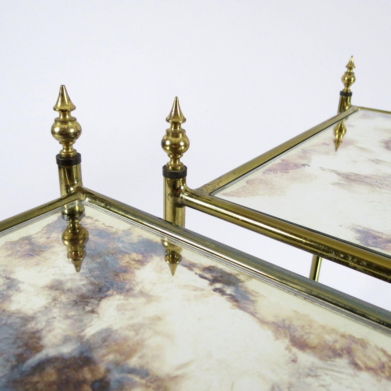 Set of 2 French brass and mirror side tables, 1970s