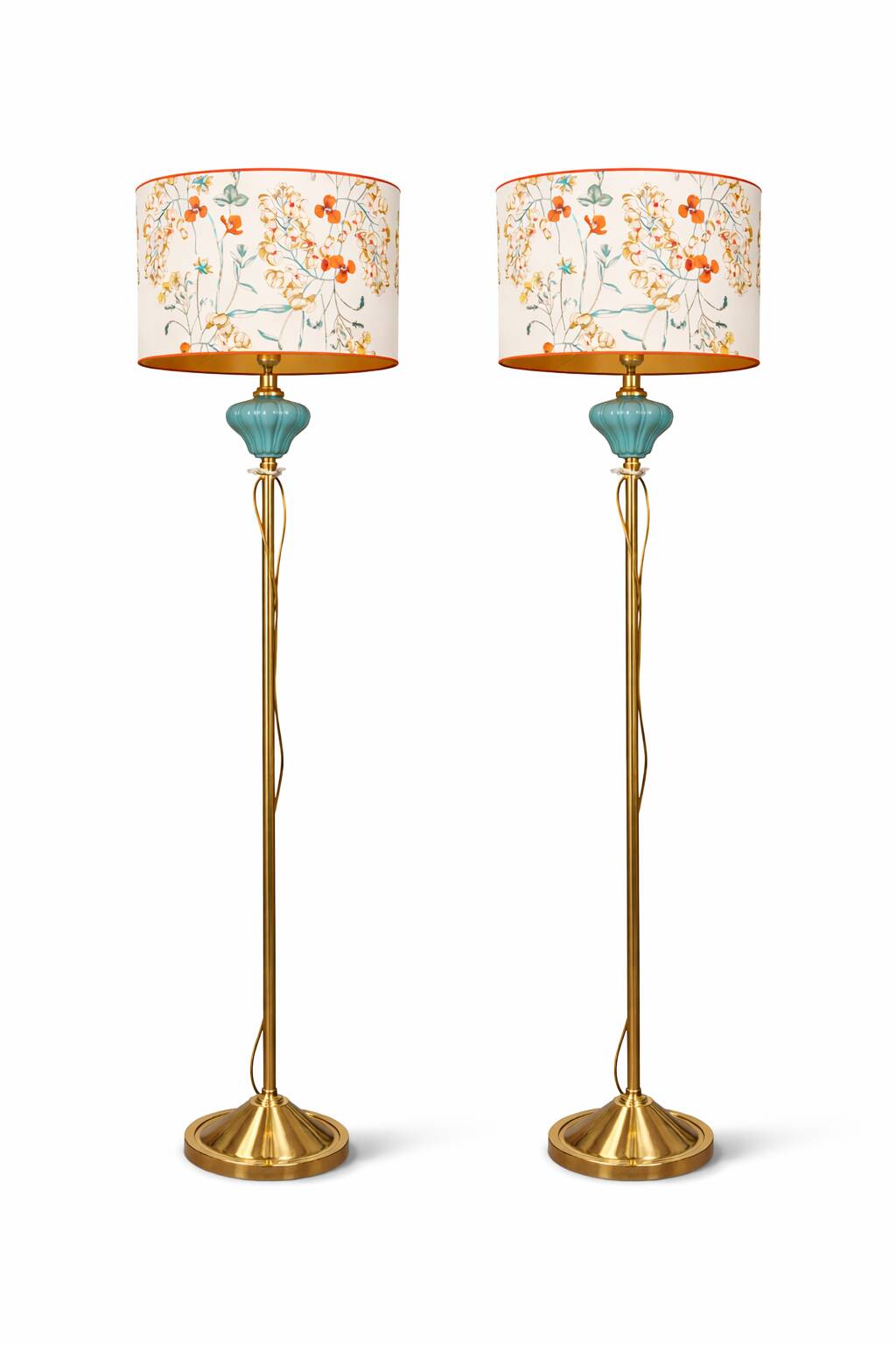 Pair of vintage floor lamps in brass and turquoise ceramic.