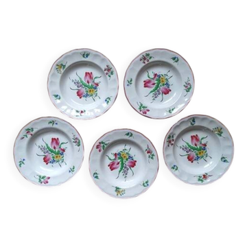 Kg luneville "réverbère" 5 deep plates earthenware hand-painted flowers ø 25 cm