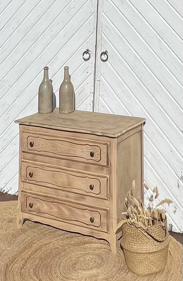 Antique chest of drawers in raw oak with 3 drawers - compass feet