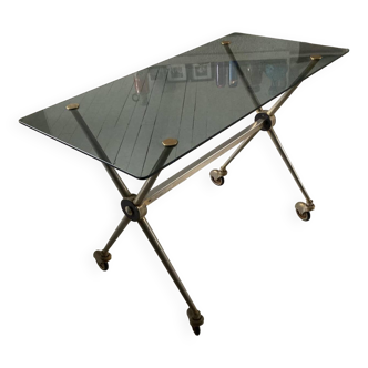 Rolling living room/TV table, glass and gold aluminum, vintage 60s