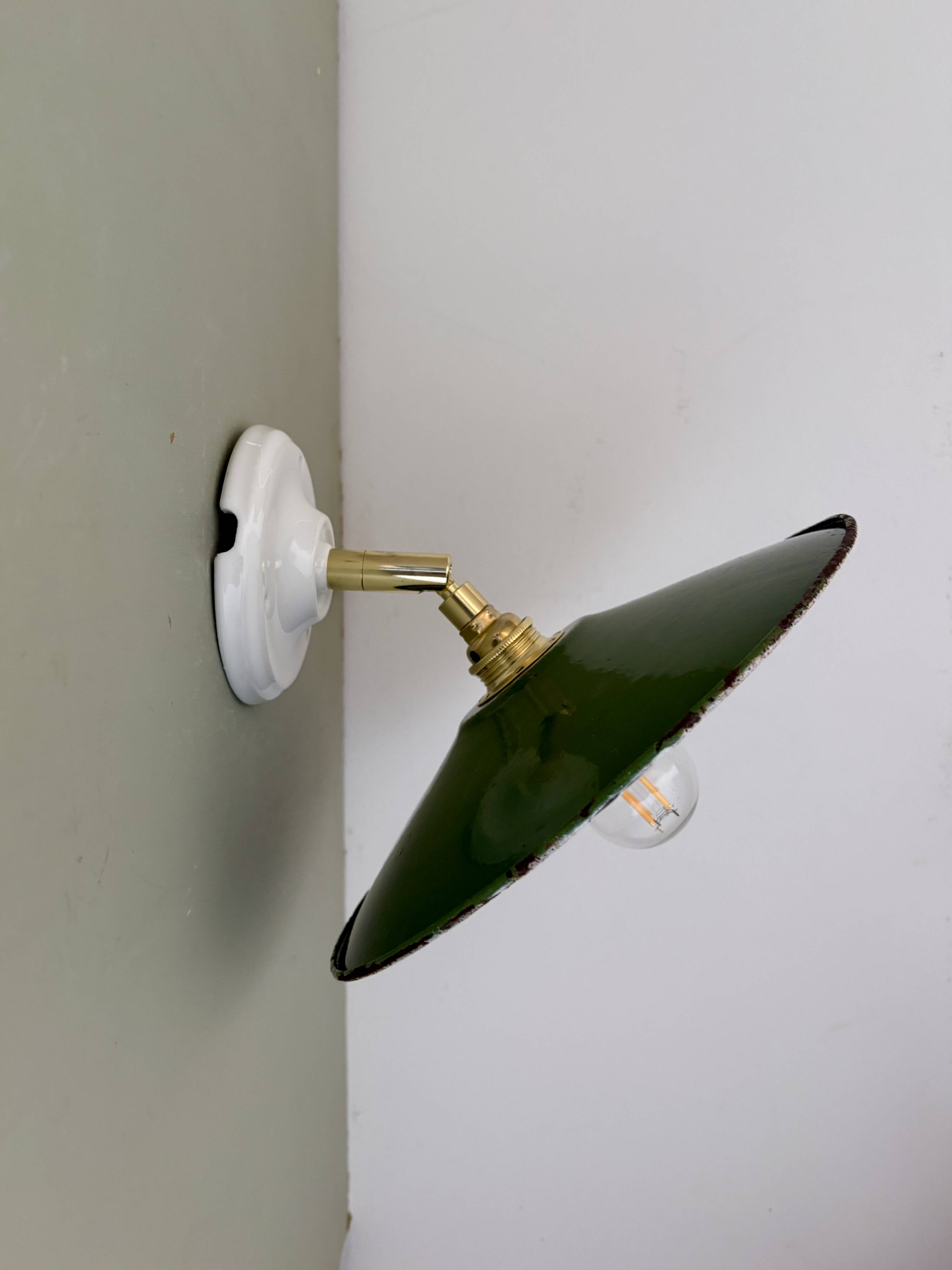 Vintage wall lamp with green and white enamelled sheet metal shade