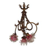 4 Lumières Lustre Antique Français en Bronze Doré avec Abat-jours en Verre Rose et Transparent