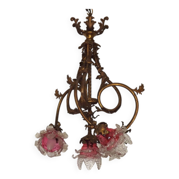 4 Lumières Lustre Antique Français en Bronze Doré avec Abat-jours en Verre Rose et Transparent