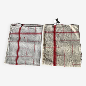 2 G red embroidered linen tea towels