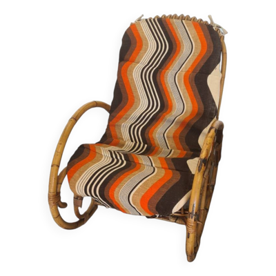 Fauteuil à bascule vintage en rotin avec coussin, années 1960