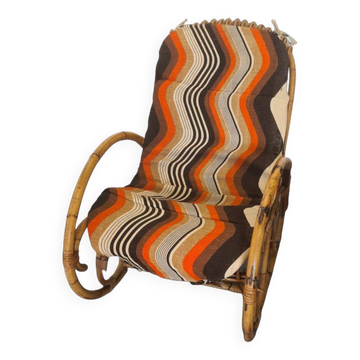 Fauteuil à bascule vintage en rotin avec coussin, années 1960