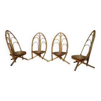 Set of 4 rattan and wood armchairs