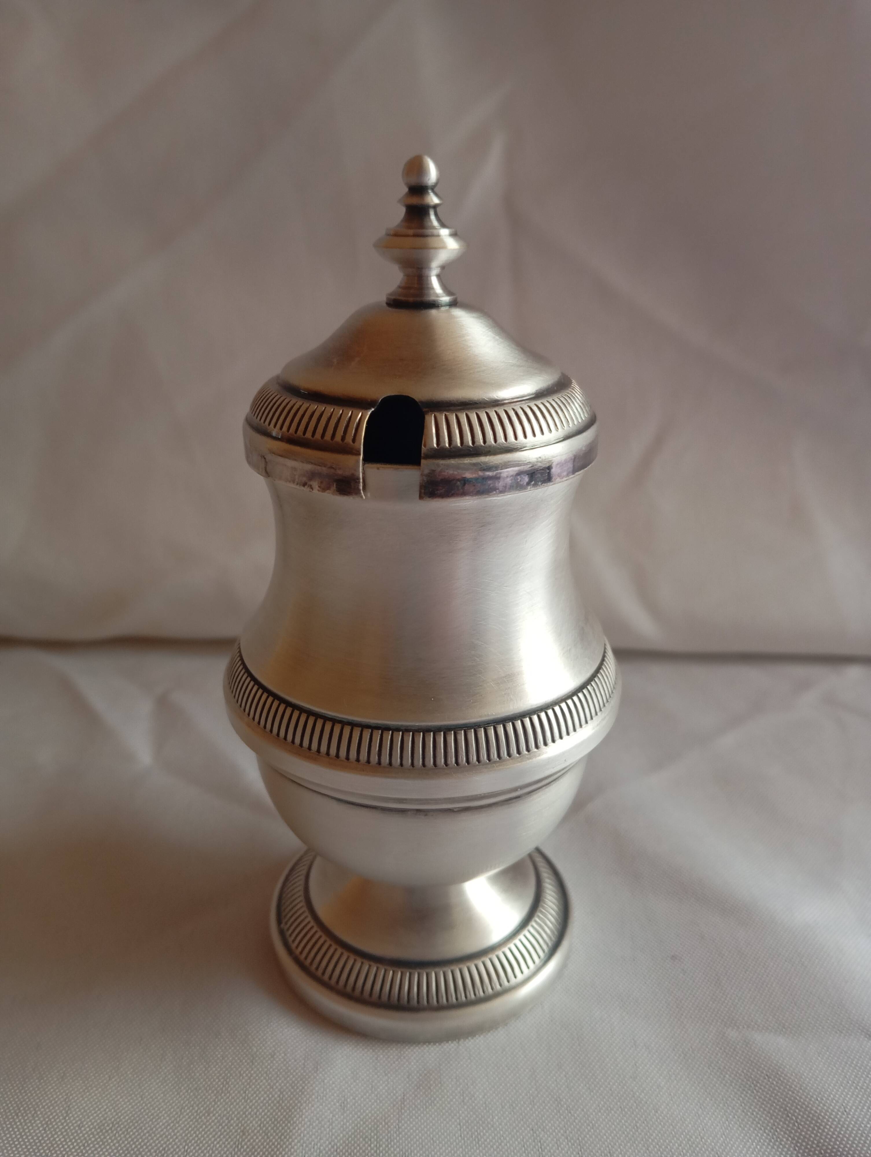 Silver metal mustard jar