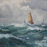 Old painting oil on marine canvas signed, early twentieth century