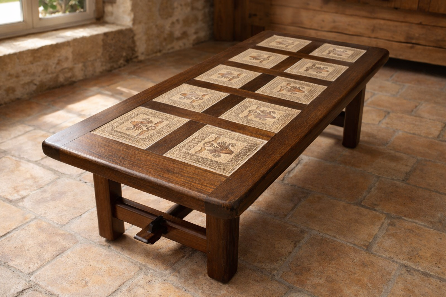 Vintage 60s coffee table with tile decoration of birds and flowers.