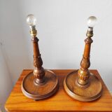 Pair of antique carved wooden lamps