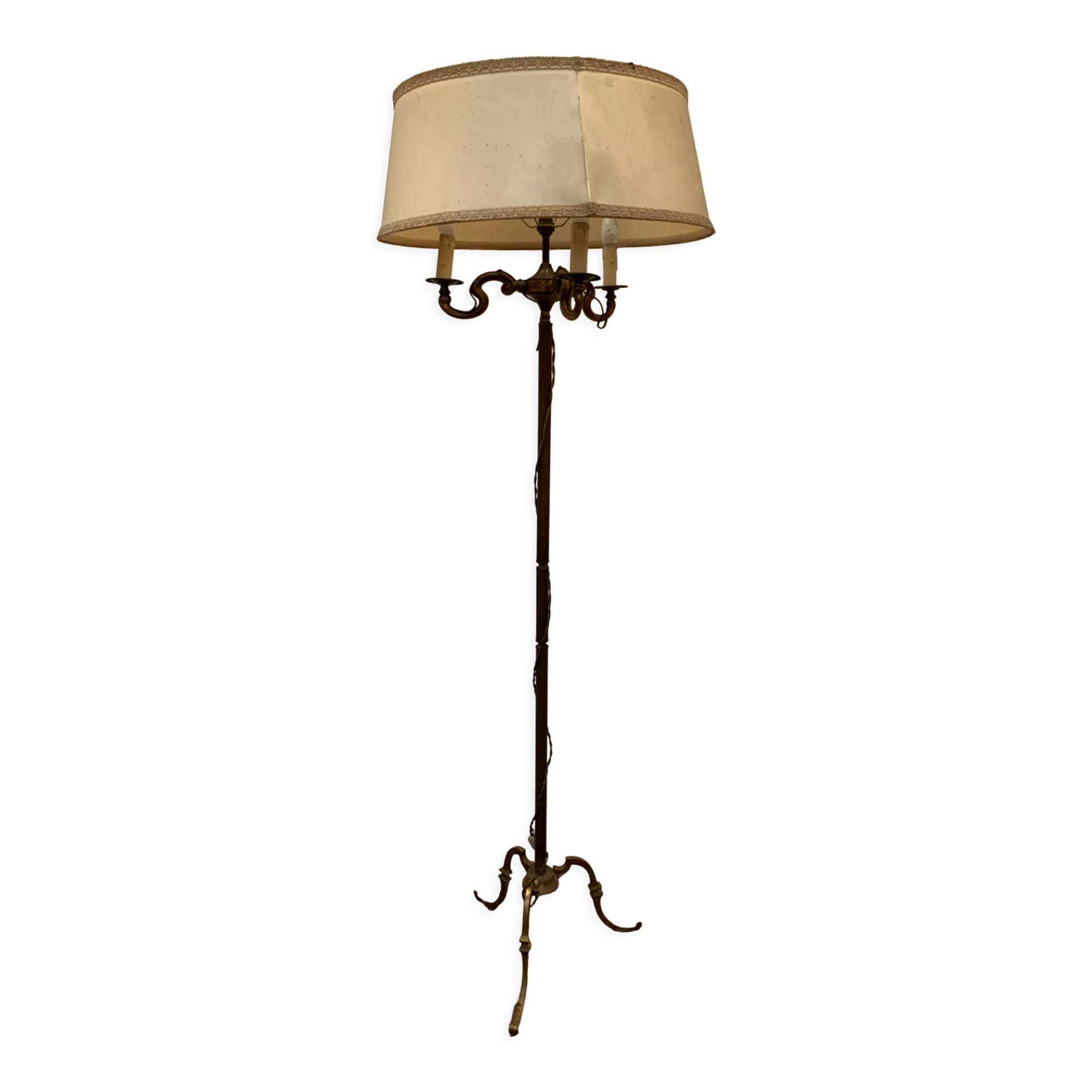 Floor lamp has three brass light arms