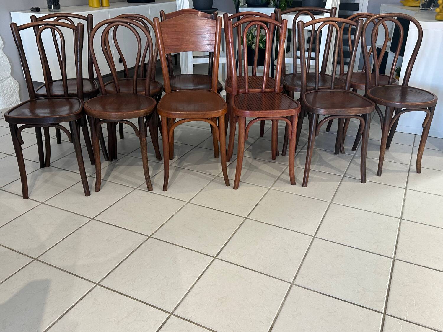 Set of 12 mismatched bistro chairs Thonet, Baumann, Fischel 1930