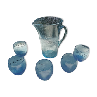Service biot carafe et gobelets bleu