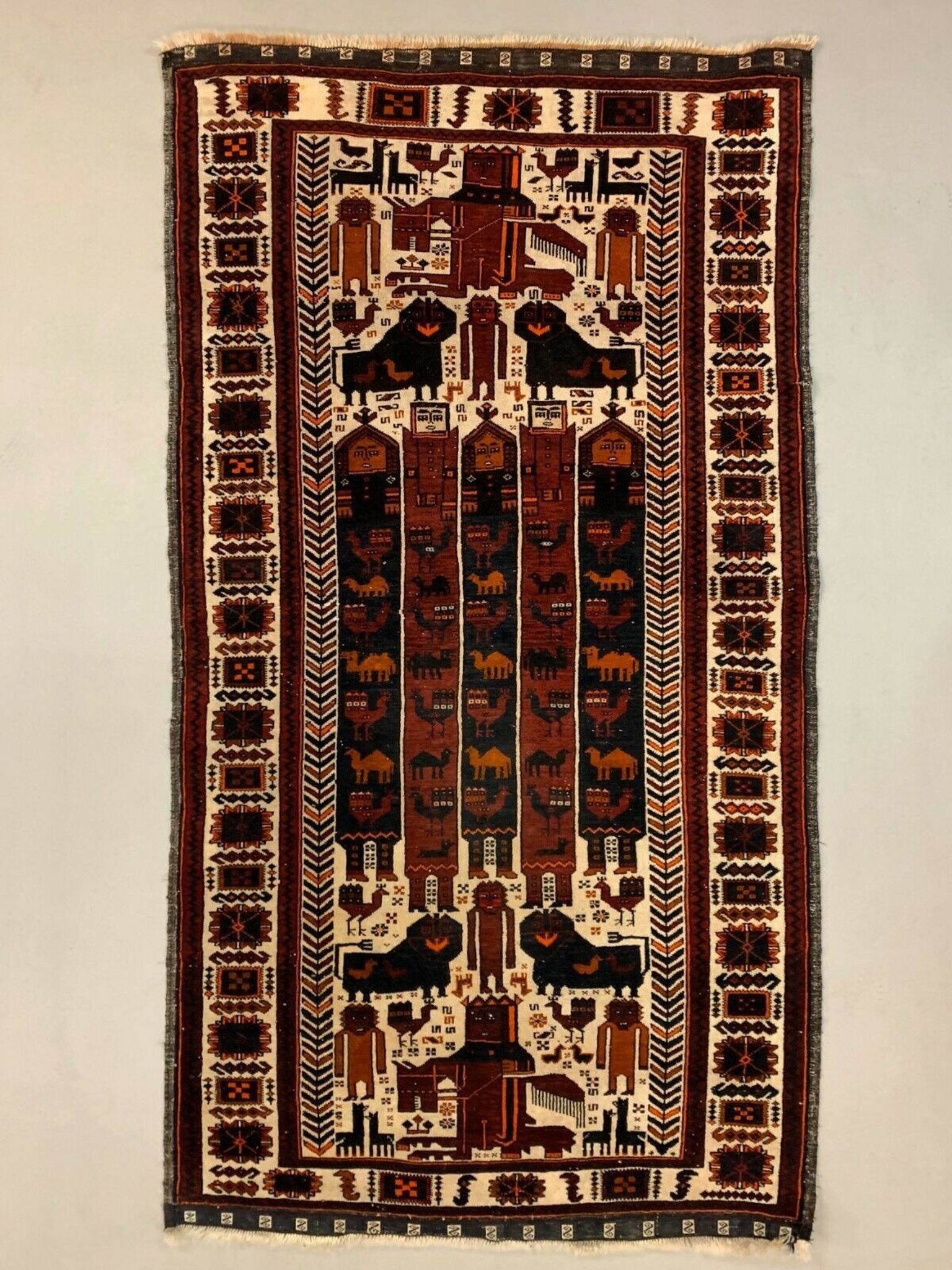 Vintage Tribal Lion Rug 204x110 cm, Old Tribal Wool Carpet, Black, Red Cream