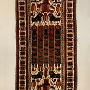 Vintage Tribal Lion Rug 204x110 cm, Old Tribal Wool Carpet, Black, Red Cream