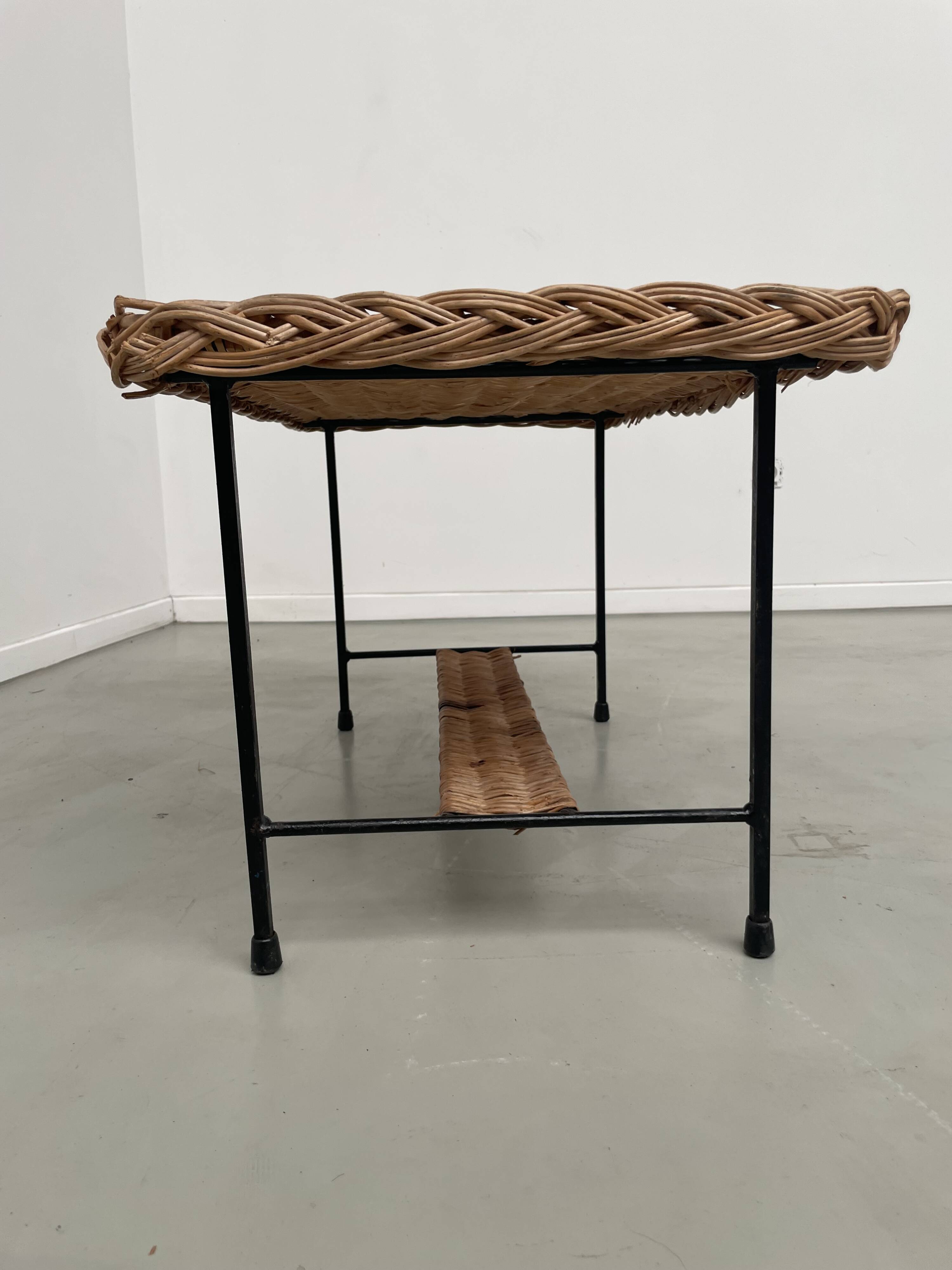 Woven wicker and metal coffee table 1960