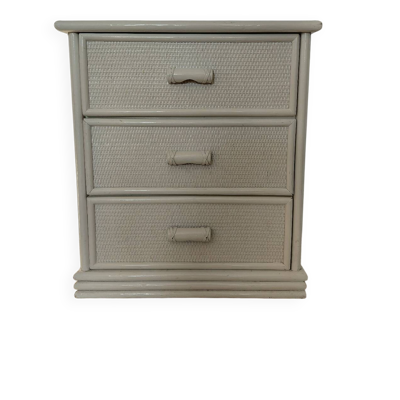 Commode vintage cannage 3 tirois-bois patiné blanc-esprit bord de mer