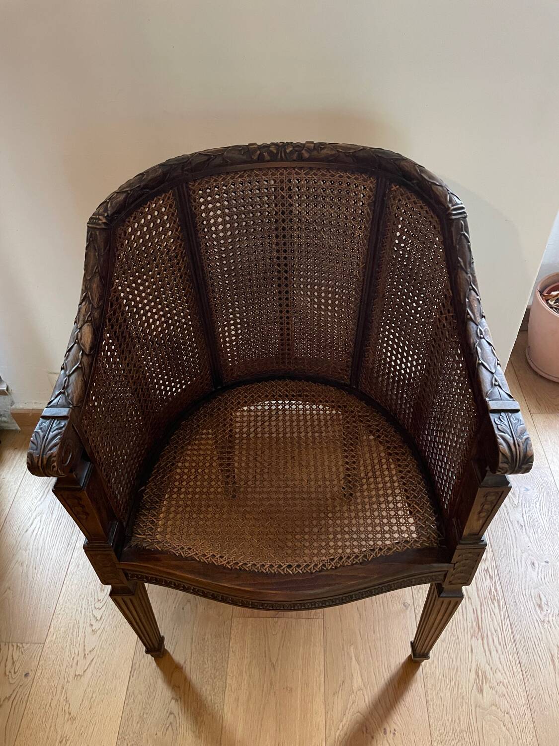 Pair of gondola armchairs in Louis XVI style with caning.