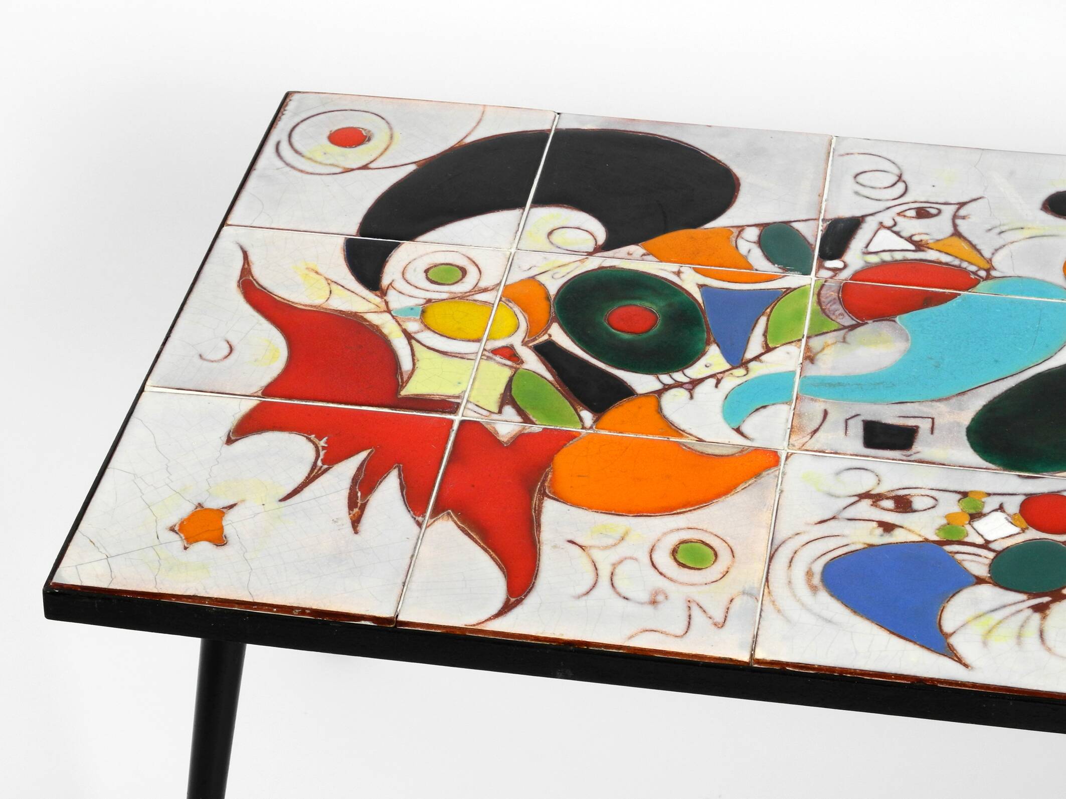 Mid Century Italian Modern Iron Table with Tiled Top and Abstract Motif