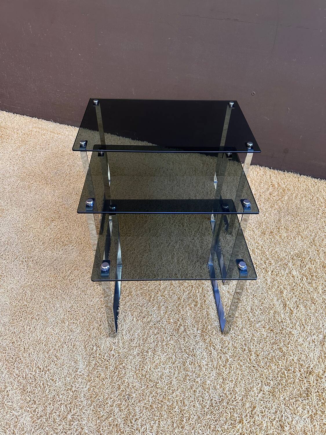 Set of 3 nesting tables in metal and smoked glass