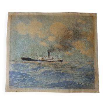 Watercolor of a liner at sea signed taboureau georges known as sandy-hook (1879-1960)
