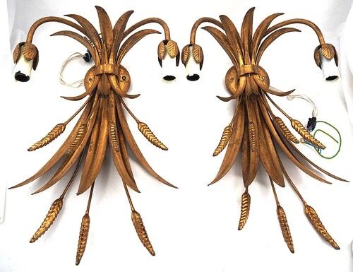 Beautiful pair of wall lights, gold metal, wheat ears, vintage, 48 cm, excellent condition.