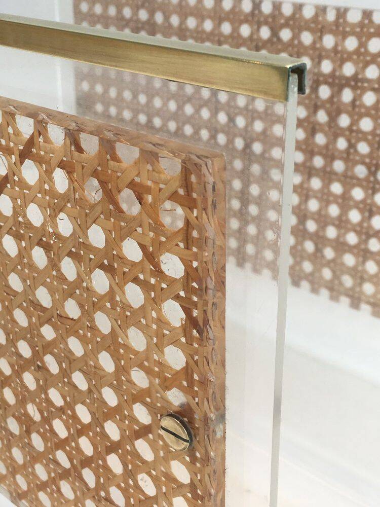 Pair of magazine racks in plexiglass, brass and inlaid caning in the style of Christian Dior and Gabriella Crespi