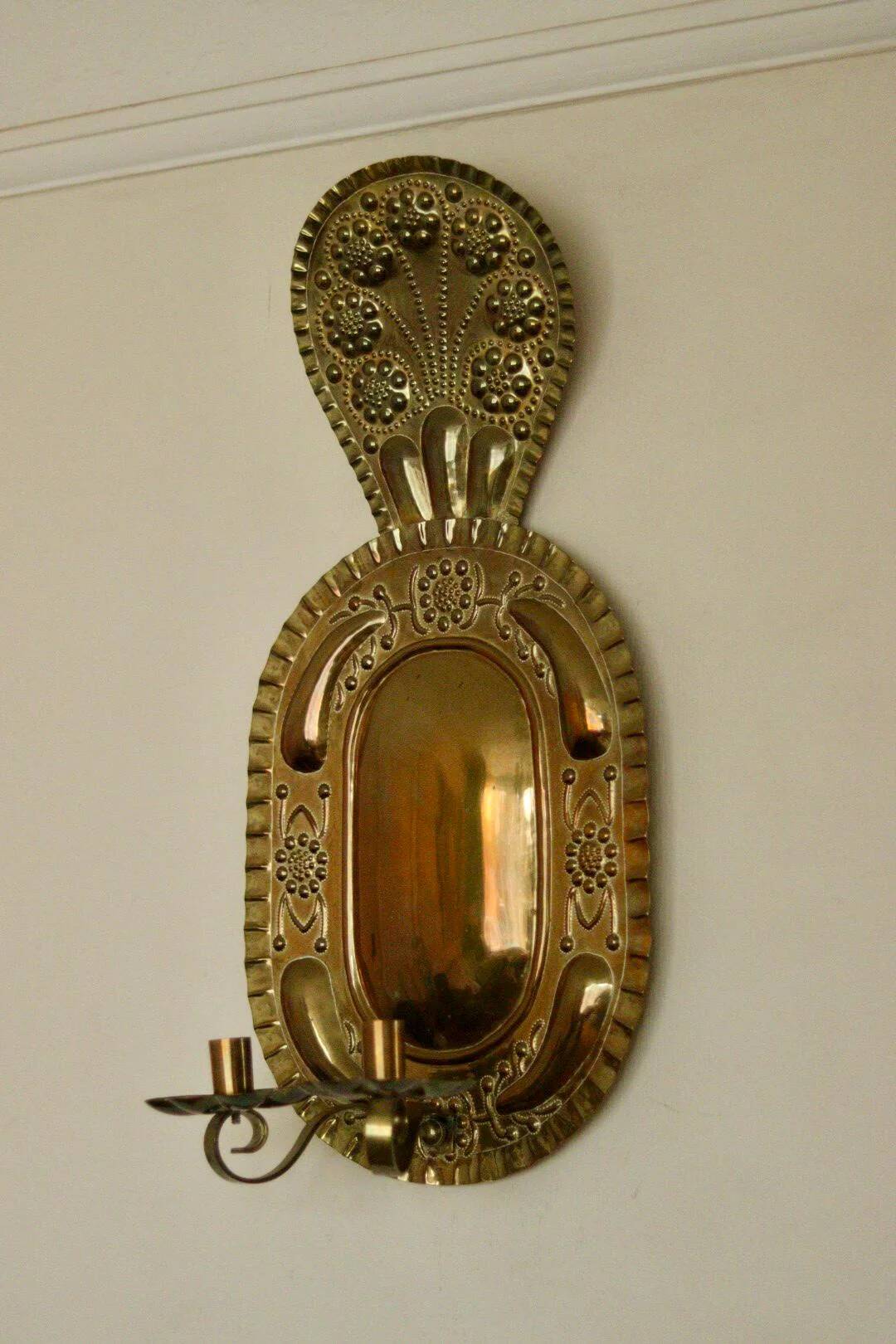 X-large mid-century Swedish brass Baroque sconce with double arm design