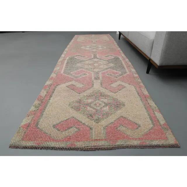 1970s Vintage Turkish Handmade Wool & Cotton Pink Runner Rug 100x339