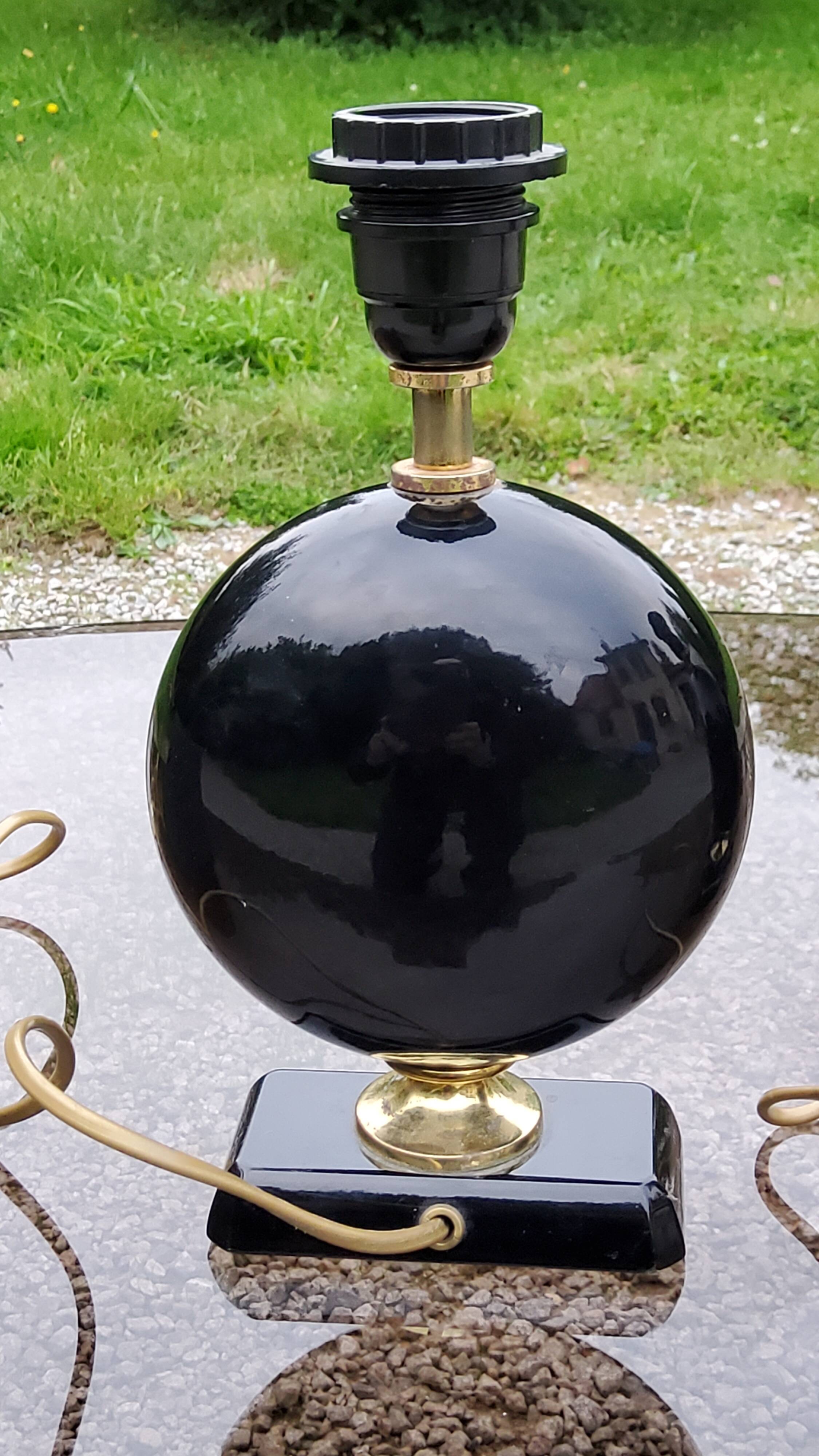 Pair of 70s designer lamps in black ceramic and gold metal