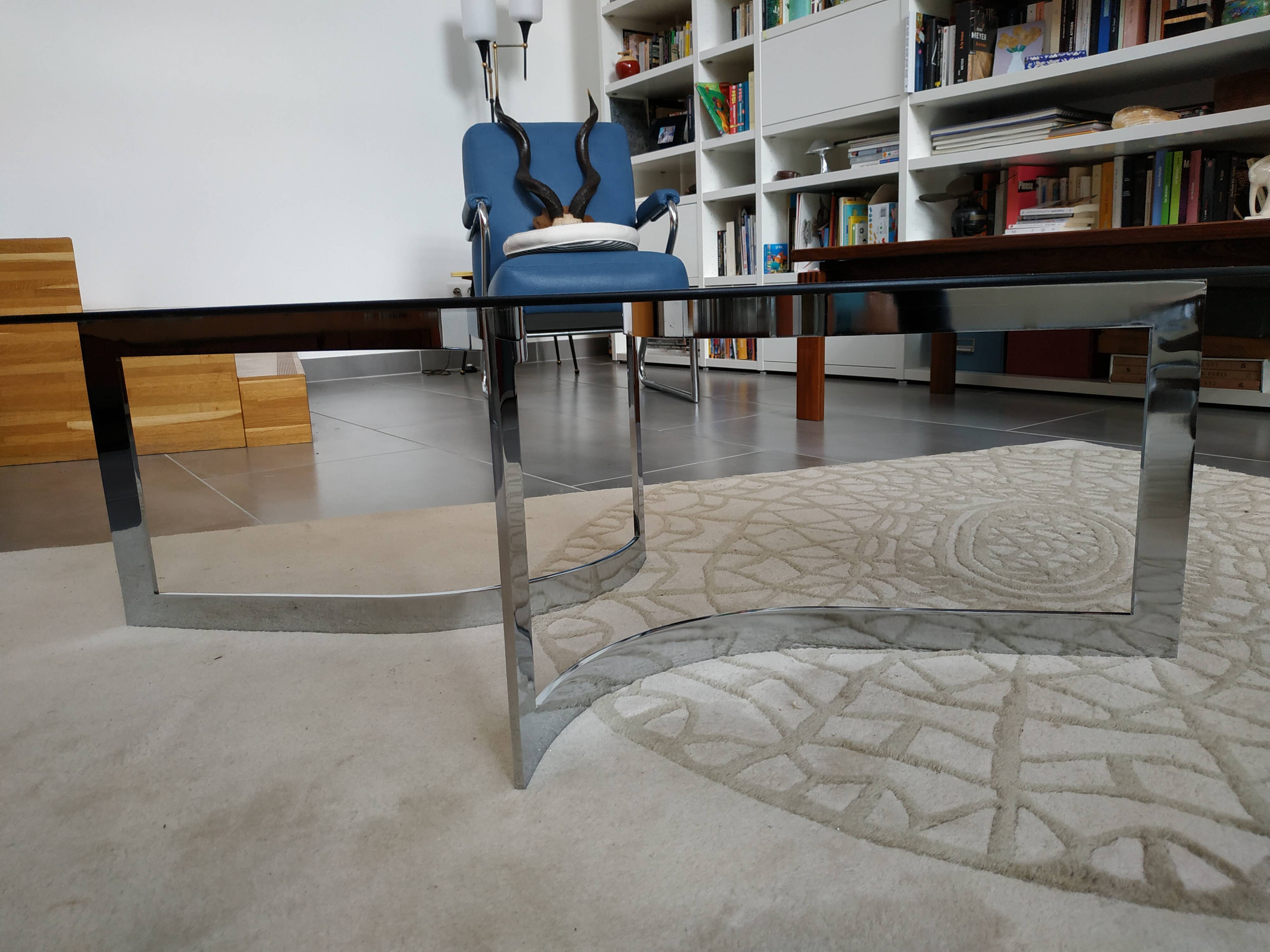 Paul Legeard's coffee table chrome metal and oval smoked glass tray typical of the 70s
