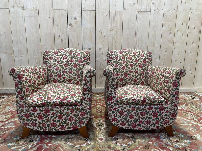Paire de fauteuils bergères Art Déco / Vintage à fleurs