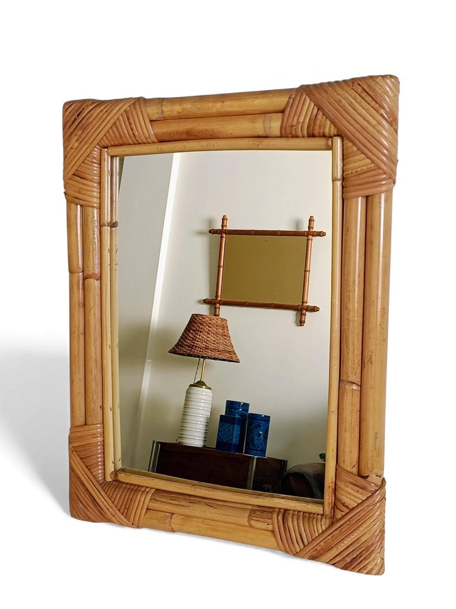 Miroir en bambou et rotin des années 1960 dans le style de la Côte d'Azur