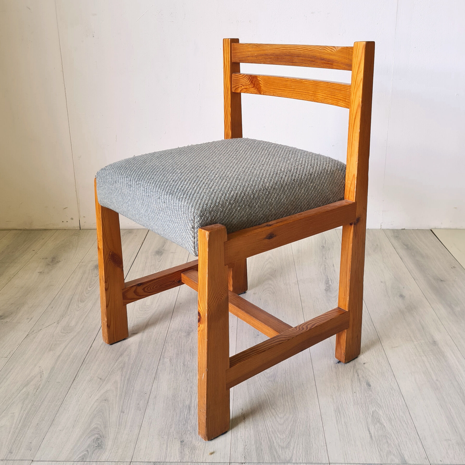 Modernist solid pine chairs with wool fabric seats, 1960s