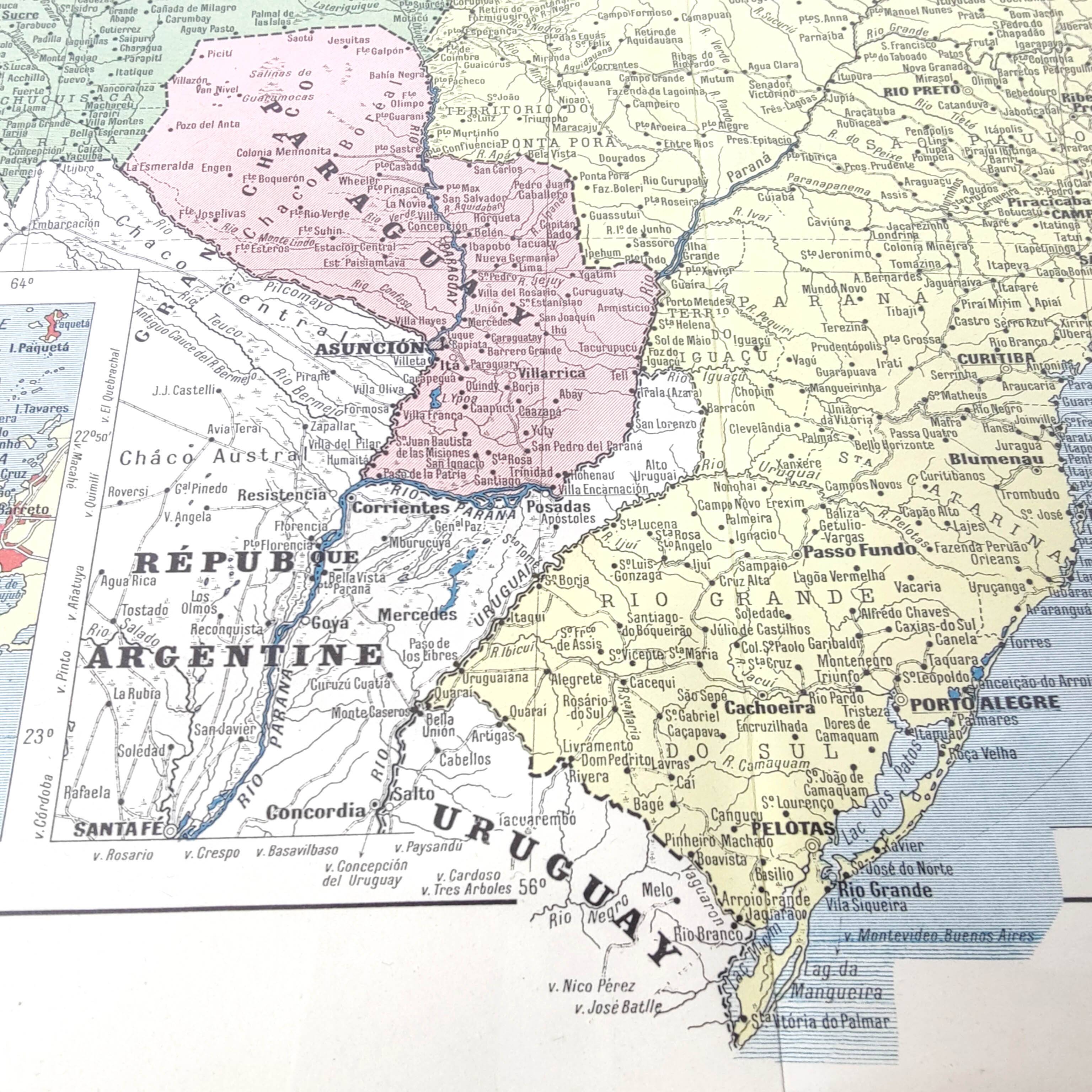 Old map of South America Brazil Bolivia Paraguay 43x43cm from 1950