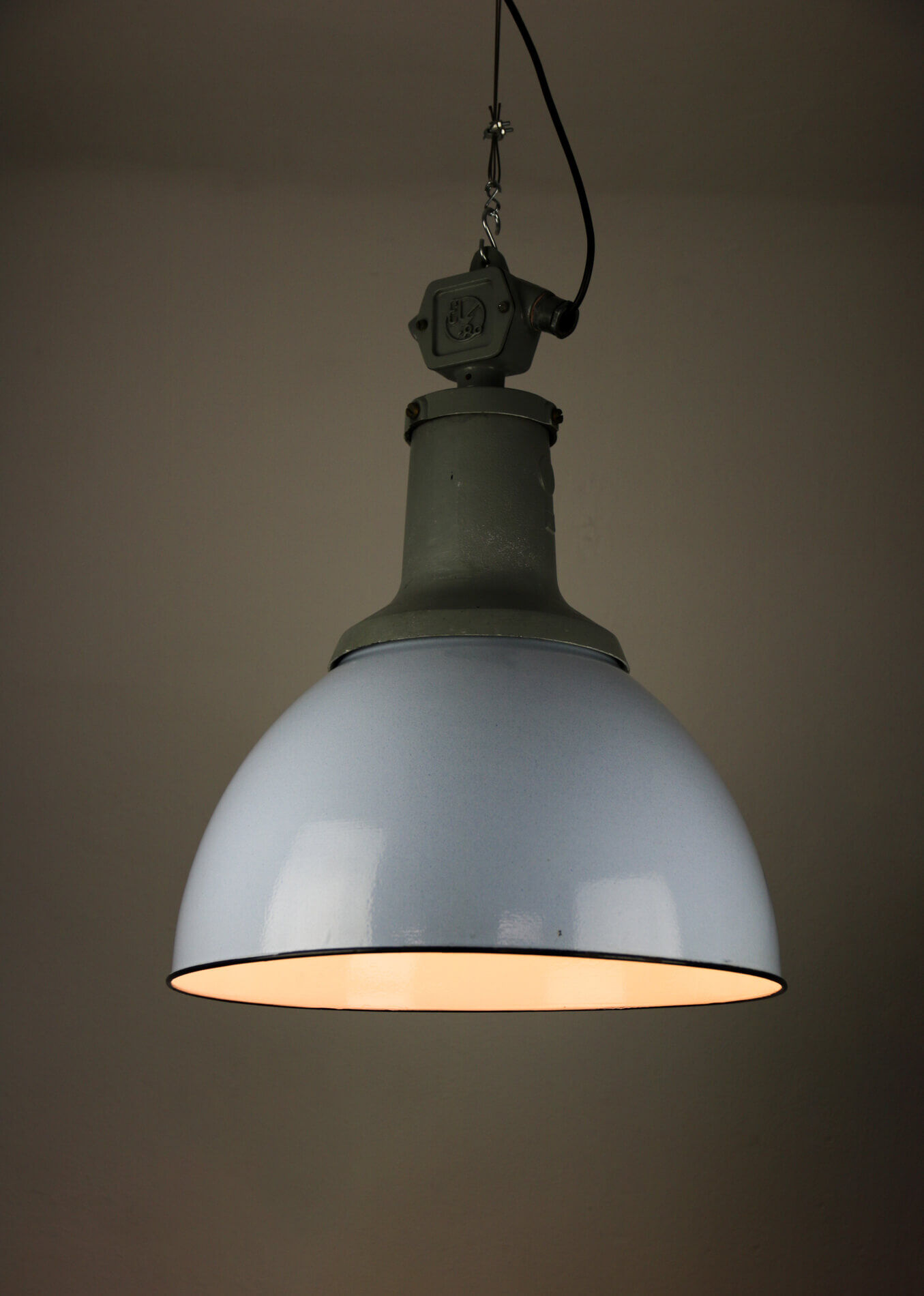 Vintage light blue enamel industrial factory pendant light from ElKo, 1960s