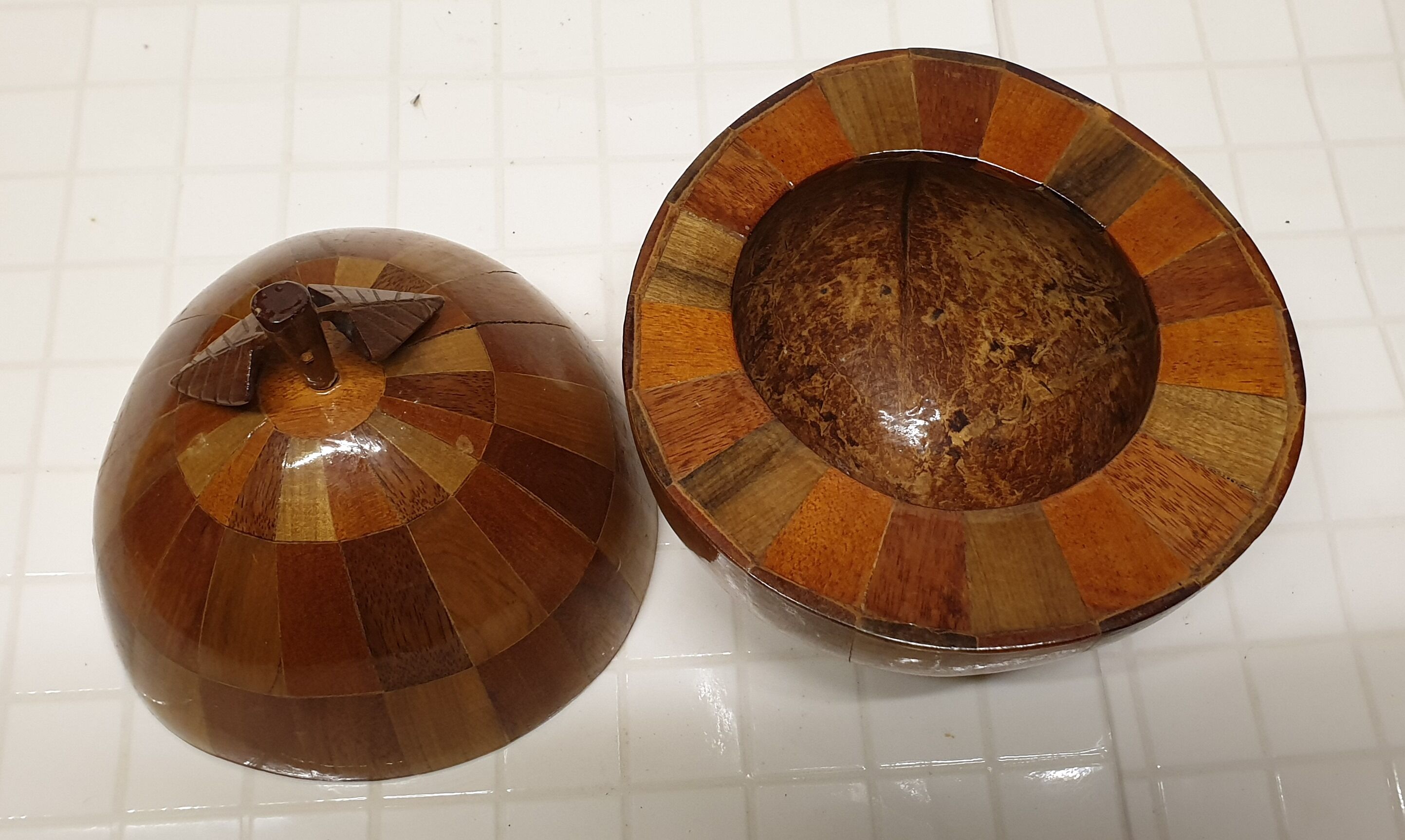 Coconut ice bucket in marquetry, 1950s