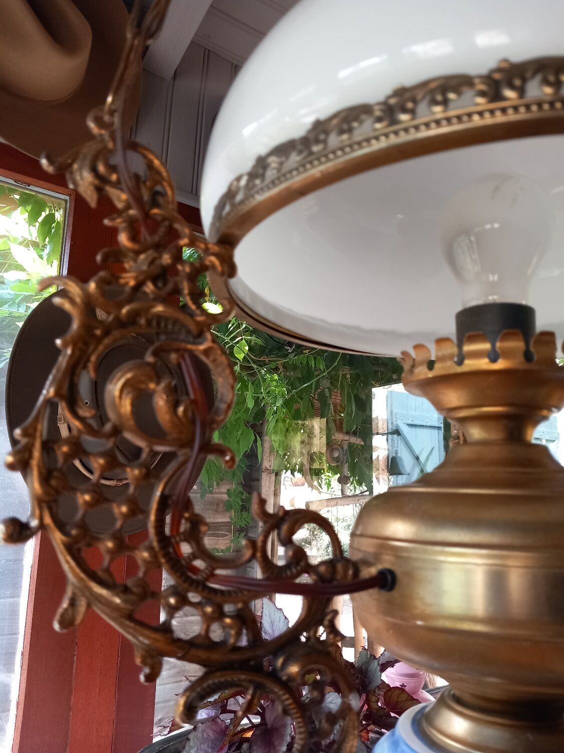 Old white opaline chandelier, brass and earthenware