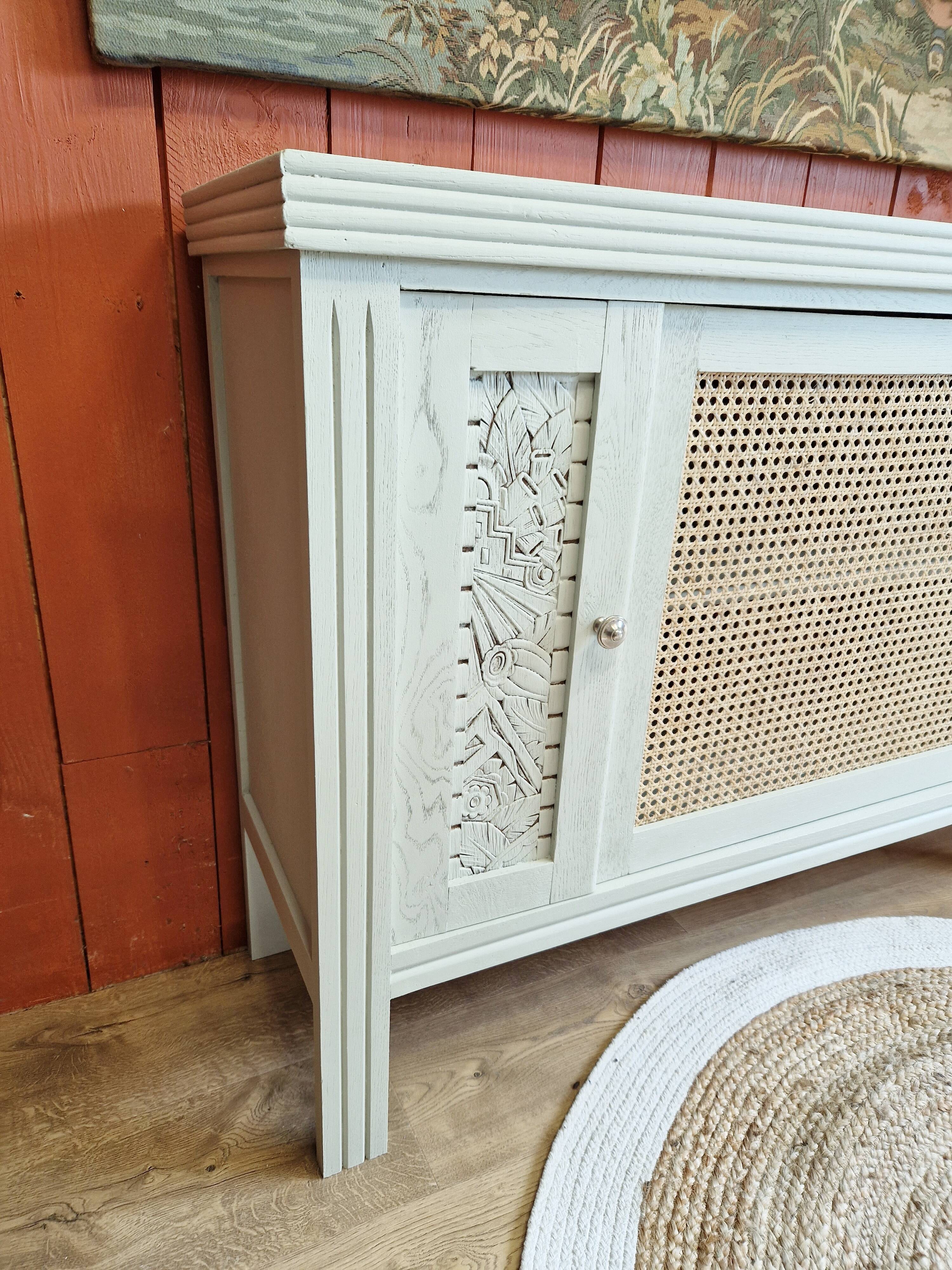 Buffet 3 portes en chêne style art déco relooké avec porte en cannage