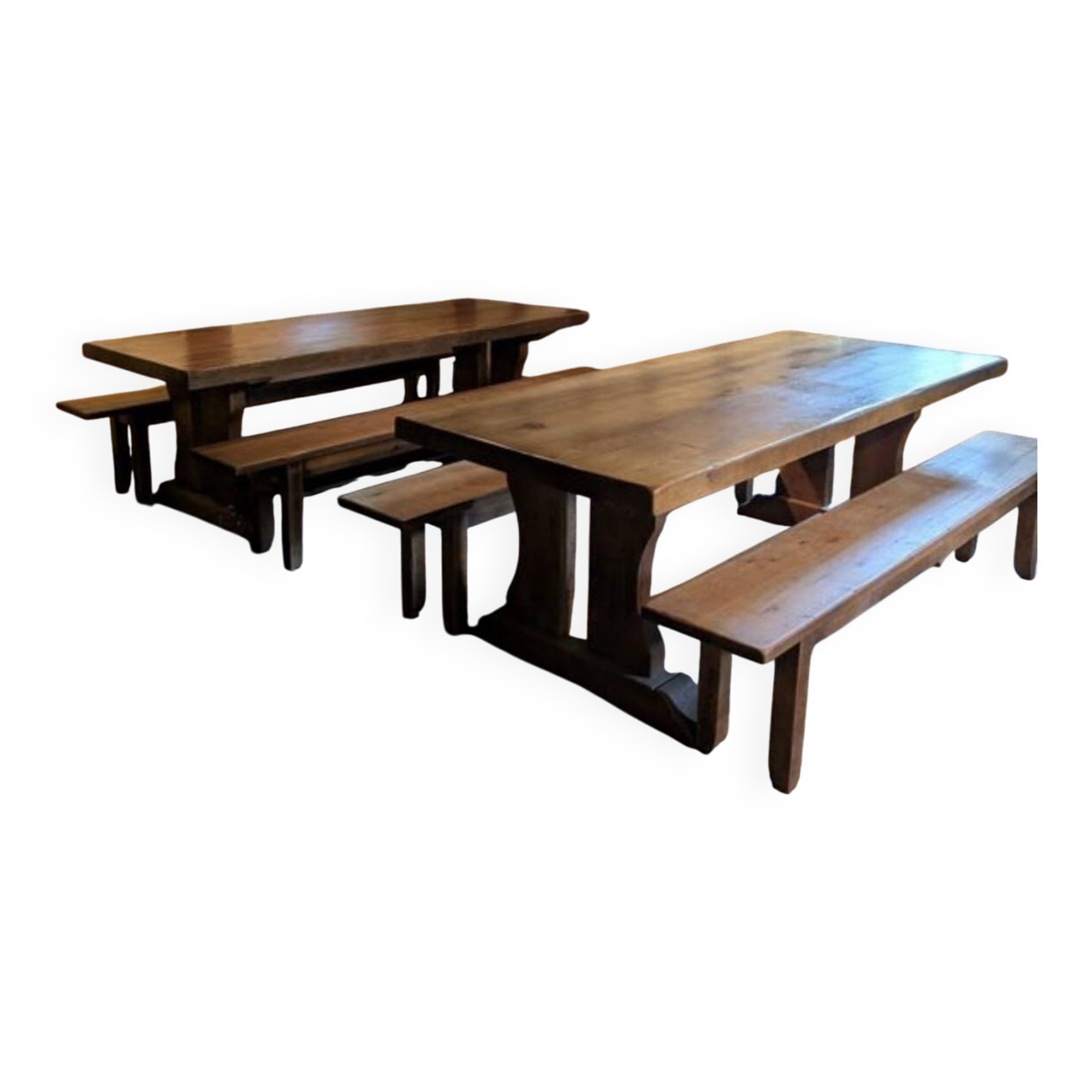 Set of 3 monastery tables in solid oak 220 cm with 6 matching benches.