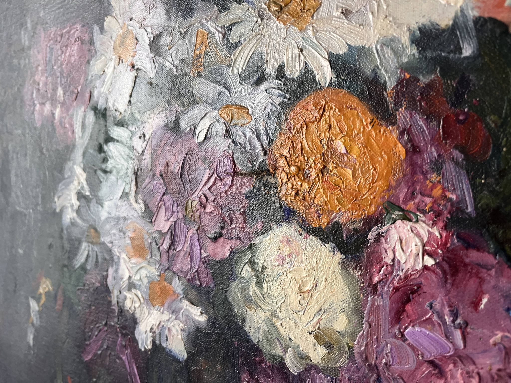 Large oil on canvas of a still life with flowers 1929, antique painting.