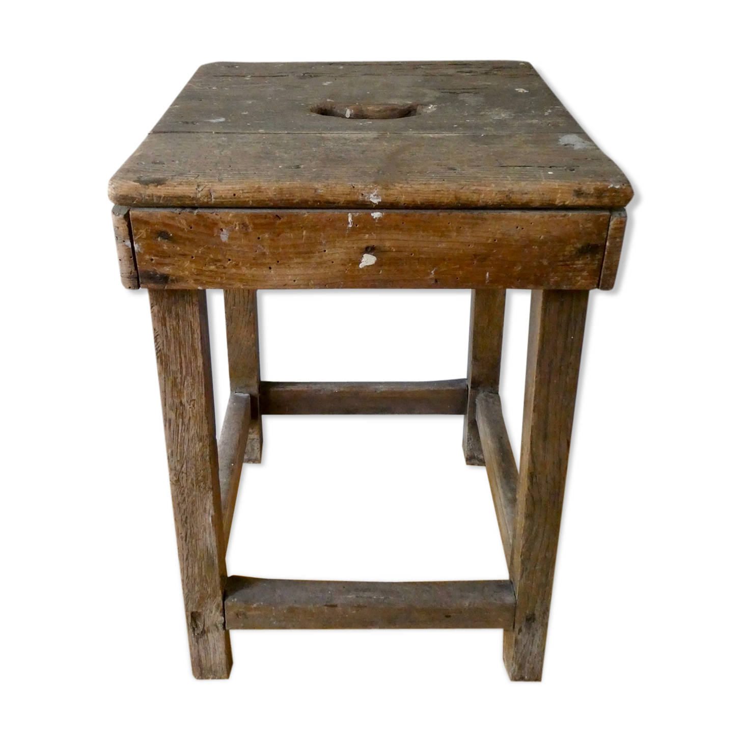 Tabouret d'atelier à poignée en bois brut années 50