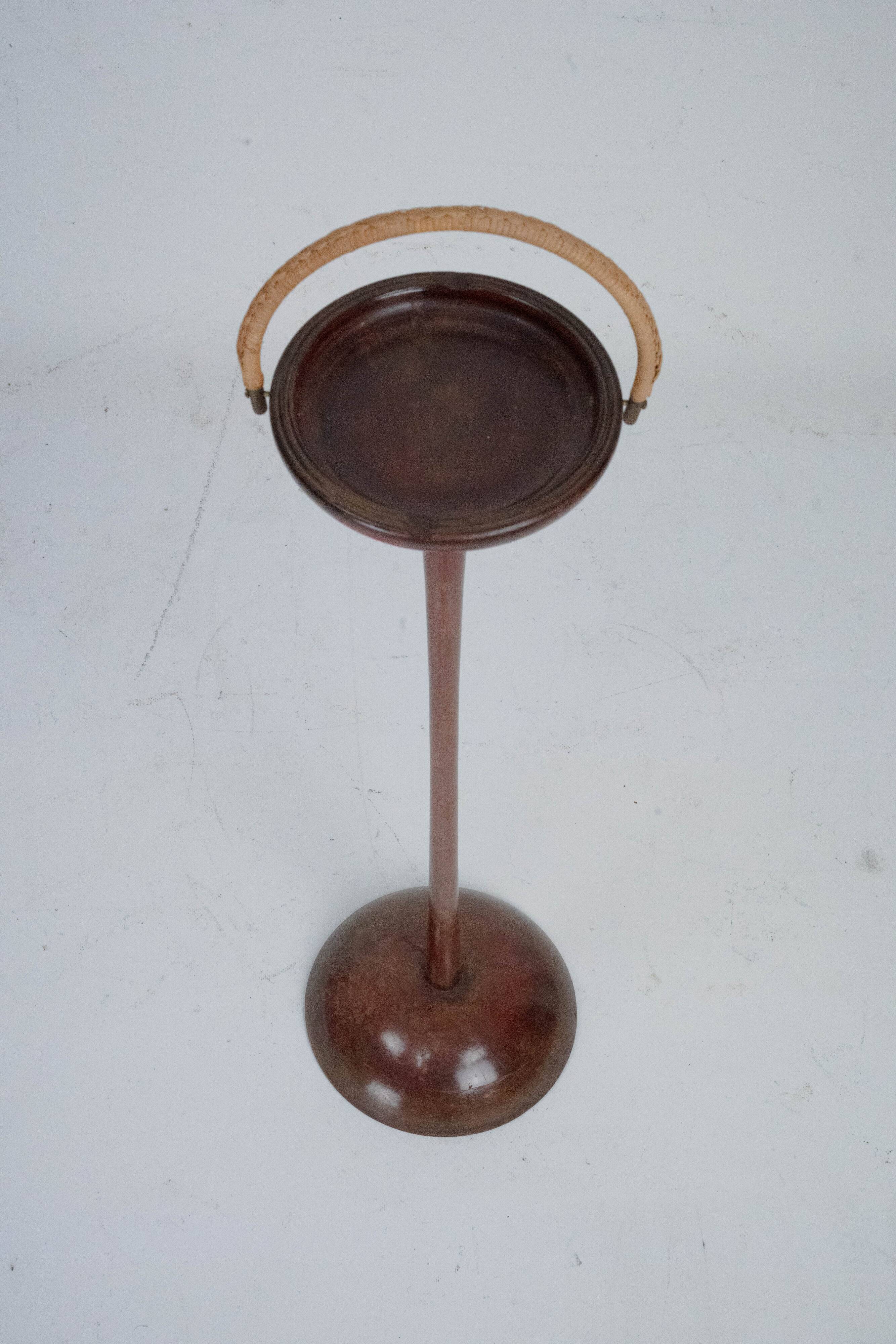 Vintage Wooden Ashtray Stand with Braided Leather Handle. Italy 1950s