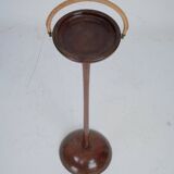 Vintage Wooden Ashtray Stand with Braided Leather Handle. Italy 1950s