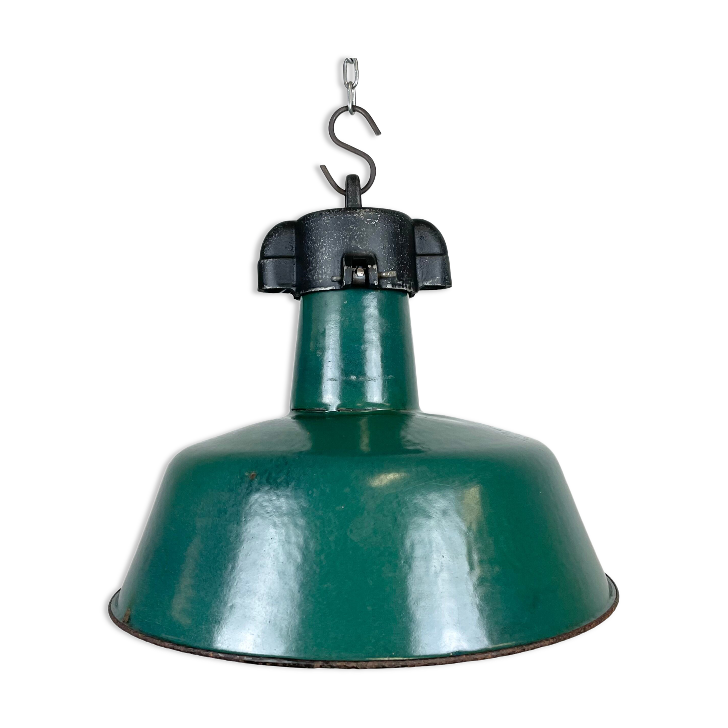 Industrial Green Enamel Factory Lamp with Cast Iron Top, 1960s