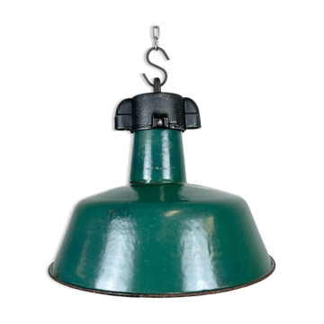Industrial Green Enamel Factory Lamp with Cast Iron Top, 1960s