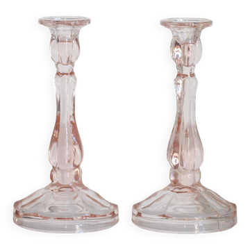 Set of two light pink glass candlesticks from the mid-century, Poland, 1960s.
