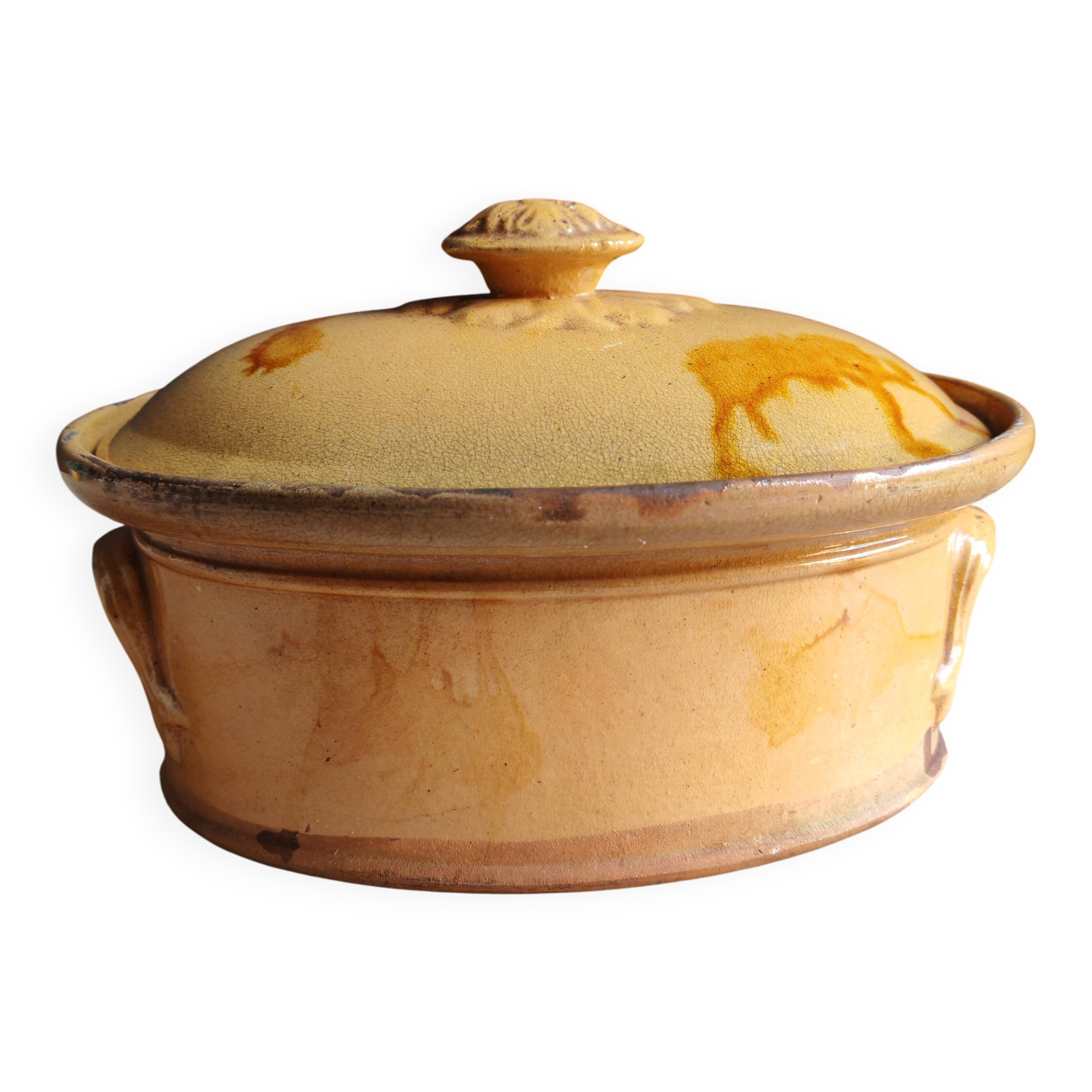 Old yellow ochre glazed terracotta terrine | Rustic pottery